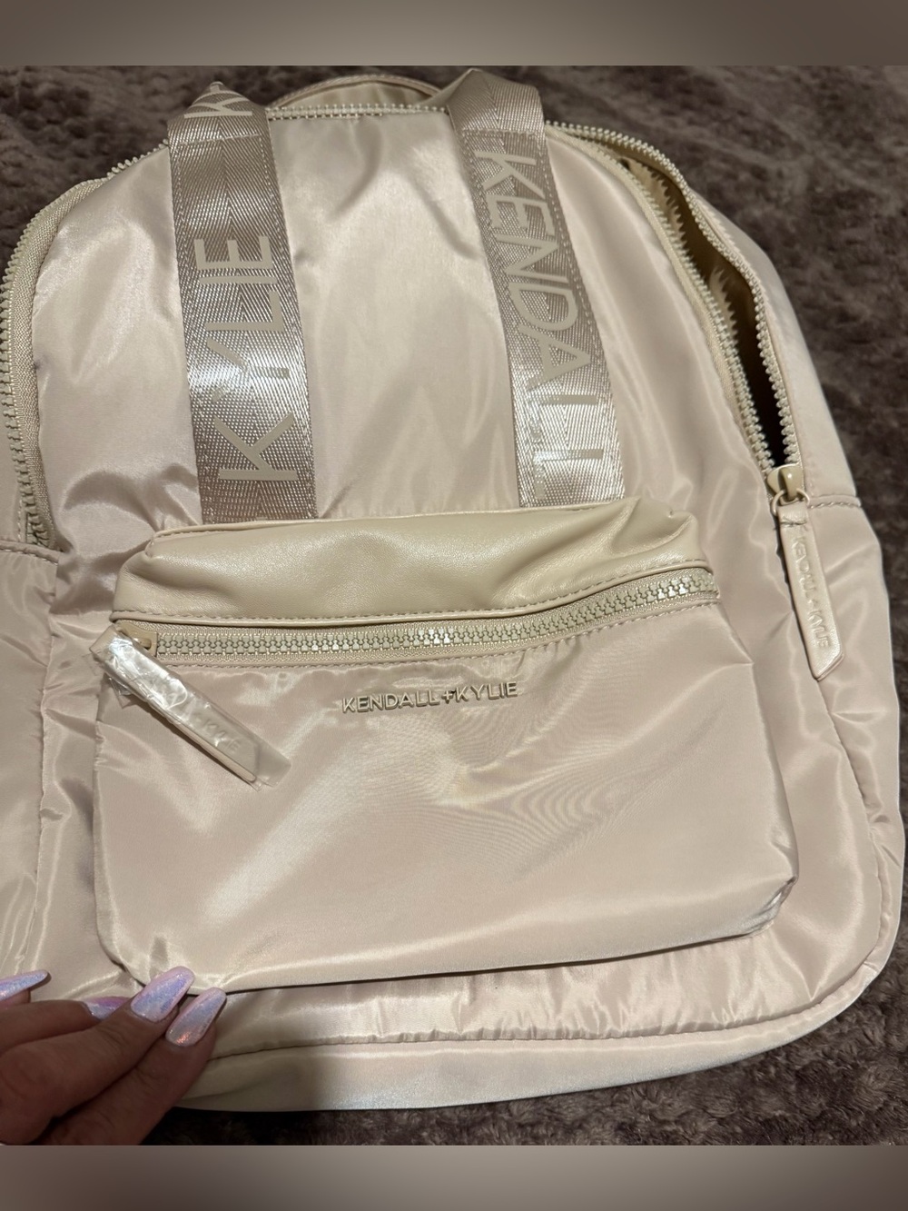 Kendall & Kylie Cream Mini Nylon Backpack with Logo Webbing